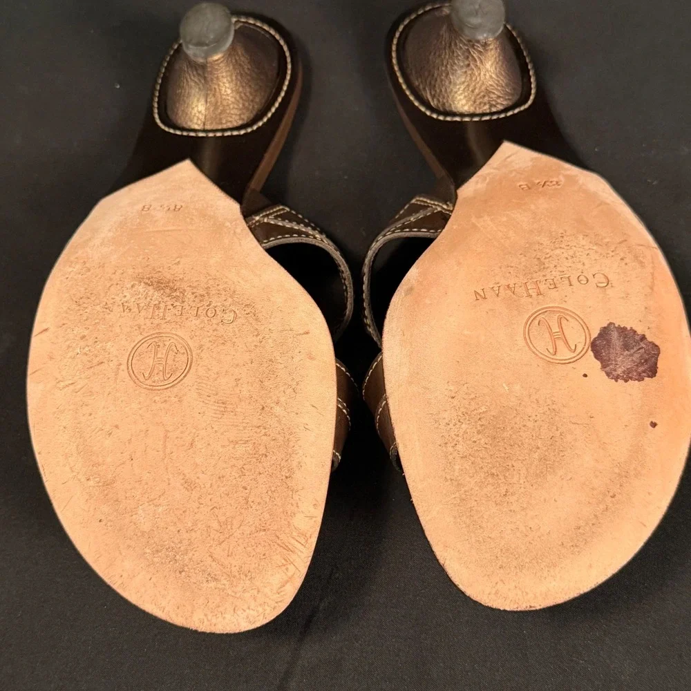 Cole Haan Brown Leather Studded Kitten Heel Slide Sandals D17471 Womens 8.5B